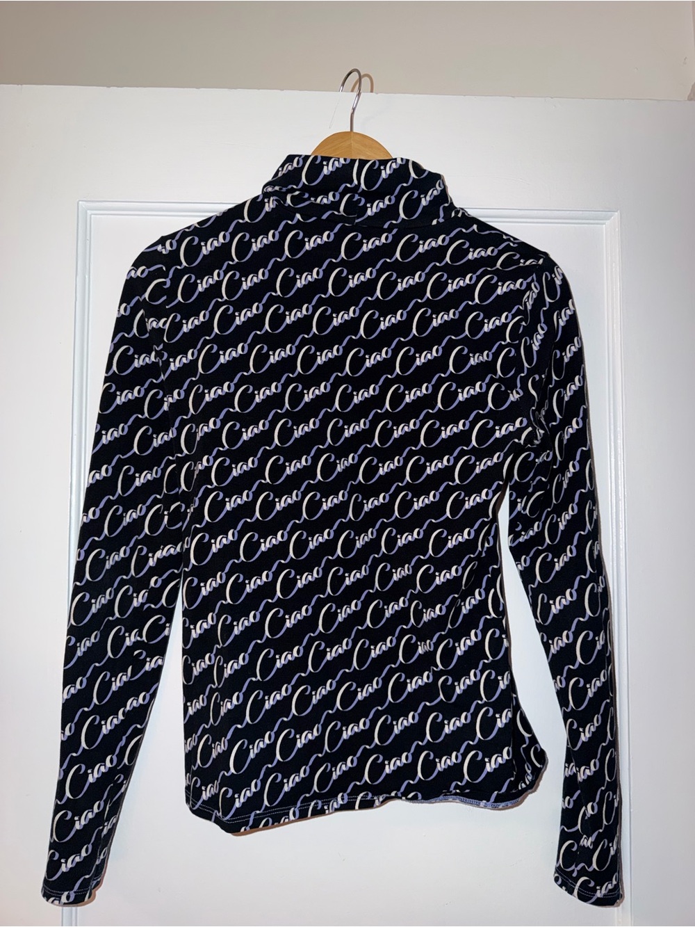 Maeve Black Long-Sleeve Top with White Script Print “Ciao”